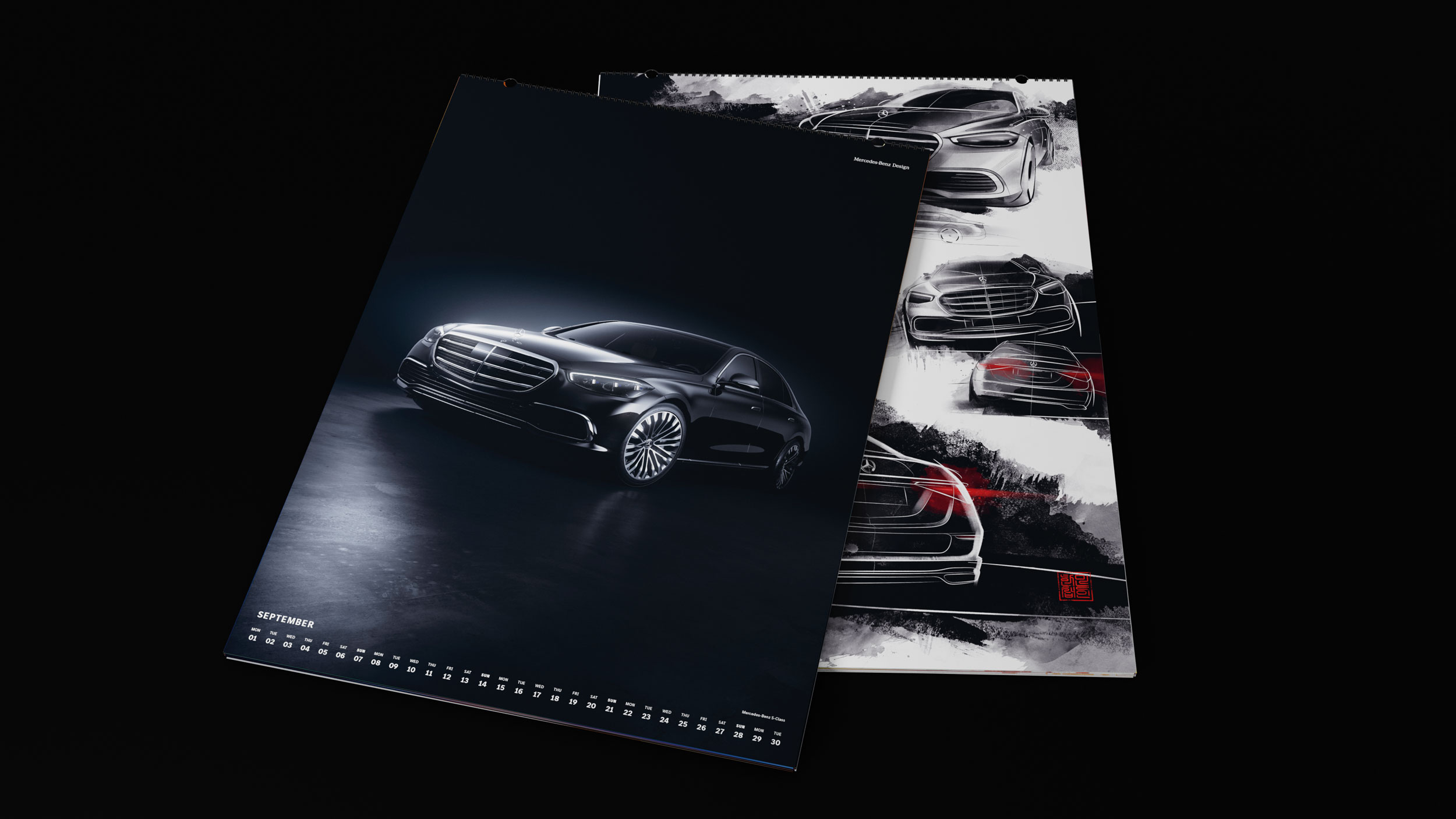 Entdecken Sie den Mercedes-Benz Wandkalender 2025 in der exklusiven Design Edition. Dieses Bild zeigt die elegante S-Klasse in Schwarz, perfekt für Liebhaber von stilvollem Autodesign.